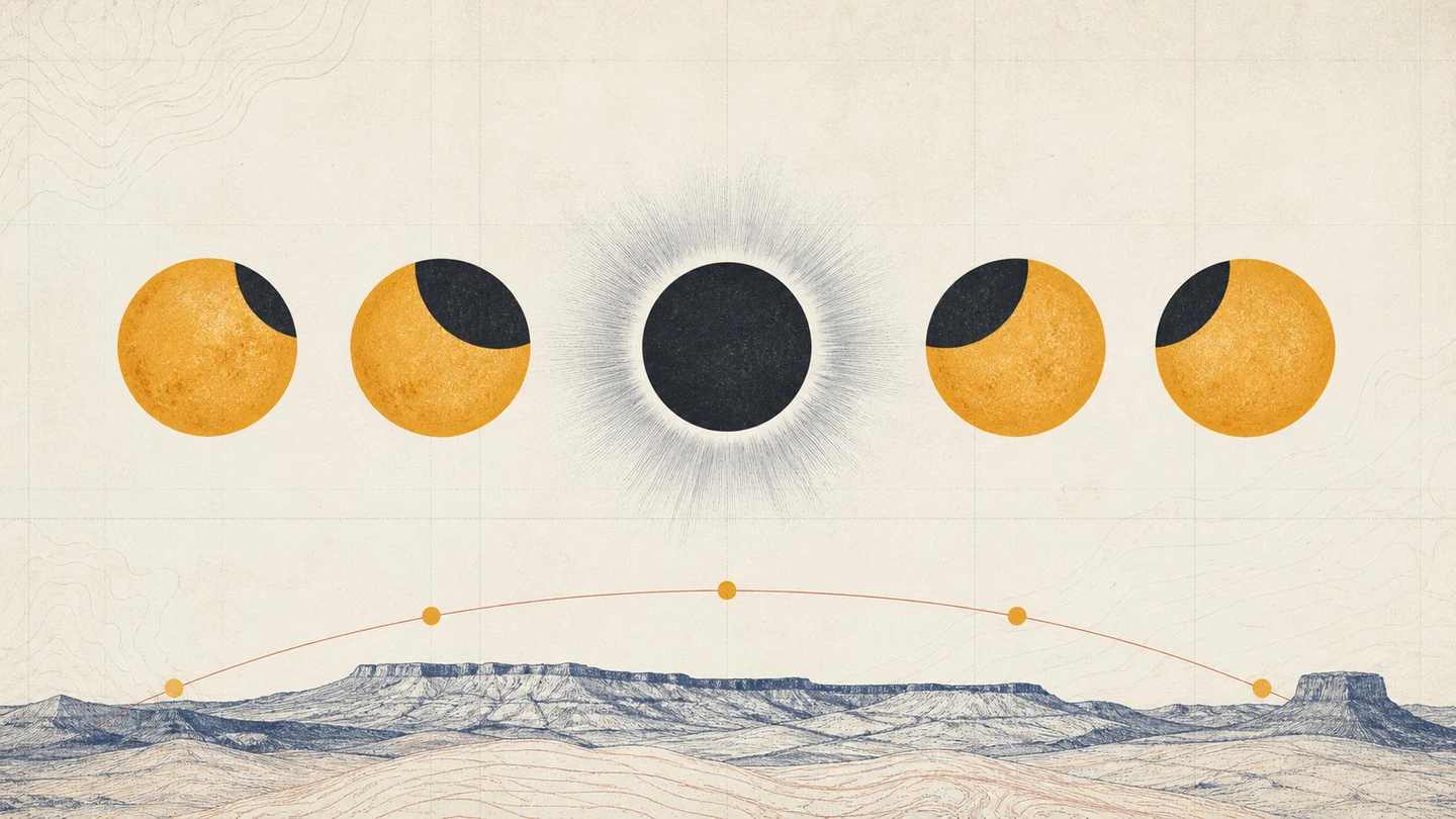 Representación artística del eclipse total sobre la silueta de León